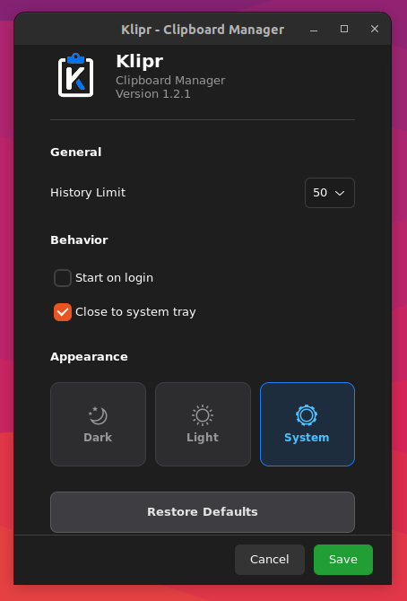 Klipr Settings View